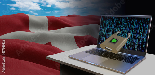 Waving national flag of the Denmark. Concept for information technology and data security safety to prevent cyber attack. Internet and network security. photo
