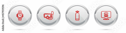 Set line Diving watch, mask with snorkel, Aqualung and Scallop sea shell. Silver circle button. Vector