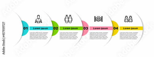 Set line Wetsuit for scuba diving, Aqualung, Photo camera diver and Flippers swimming. Business infographic template. Vector