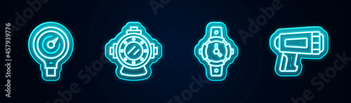 Set line Gauge scale, Aqualung, Diving watch and Flashlight for diver. Glowing neon icon. Vector