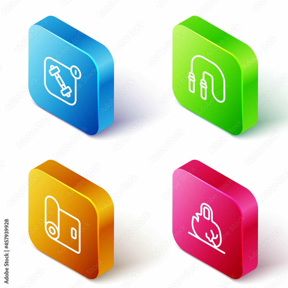 Set Isometric line Fitness app, Jump rope, mat roll and Broken weight icon. Vector Set Isometric line Fitness app, Jump rope, mat roll and Broken weight icon. Vector