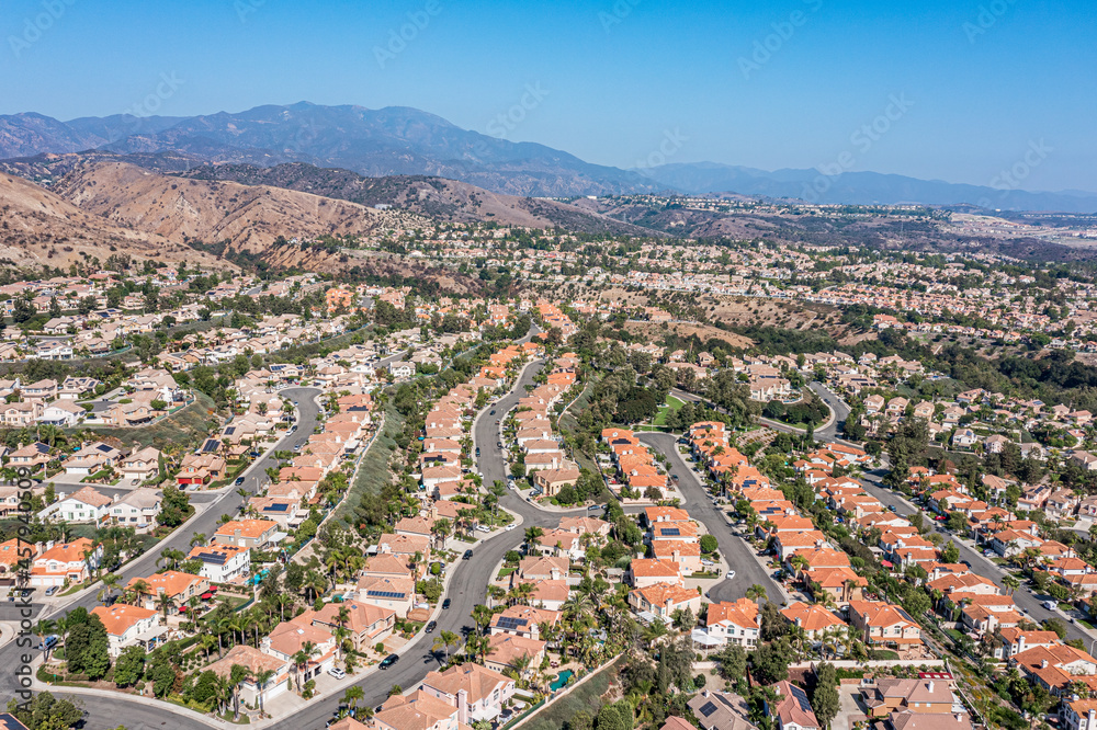 Aerial view of homes in a row, a modern suburban community