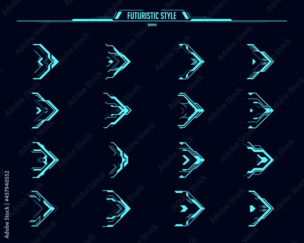 HUD arrows and futuristic navigation pointers, vector ui or gui interface. Sci fi game head up display elements, neon arrows for cursor, right movement, direction pointers and next button design - obrazy, fototapety, plakaty 