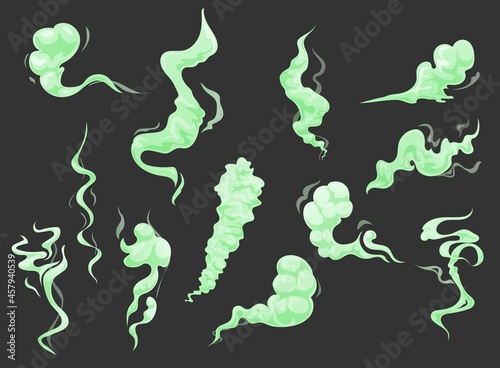 Bad green cartoon smell, vector smoke odor, stink breath, fart stench and cloud of toxic gas, stinky steam or vapor, smelly fog or fume. Dirty body, armpit, sweat, rotten food or garbage bad smell