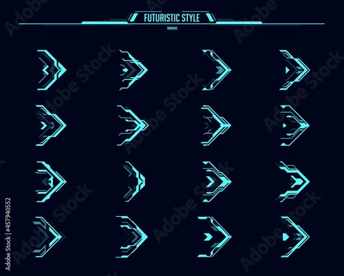 HUD arrows and futuristic navigation pointers, vector ui or gui interface. Sci fi game head up display elements, neon arrows for cursor, right movement, direction pointers and next button design