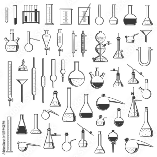 Chemical laboratory flasks, tubes and retorts, chemistry science vector equipment. Lab glassware and glass containers for medical research experiments, test tube stands, beakers, cylinders and burners