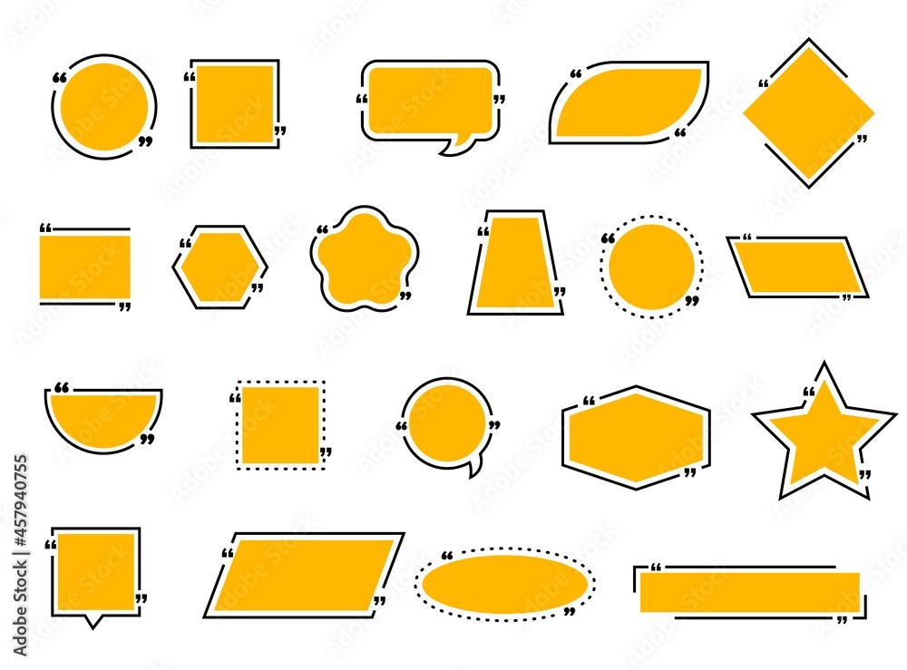 Quote bubble and boxes, chat message, comment and note quote frame icons. Vector borders and blank speech bubbles for remark, mention quotations and callout text inserting, isolated elements set Quote bubble and boxes, chat message, comment and note quote frame icons. Vector borders and blank speech bubbles for remark, mention quotations and callout text inserting, isolated elements set