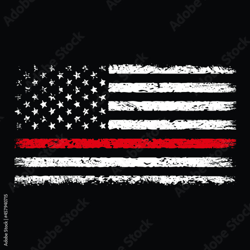 Distressed Thin Red Line American Flag T-Shirt Vector Design, Grunge usa Firefighter with thin red line shirt.