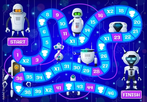 Kids board game with cartoon droids and robots. Vector step boardgame with cute androids, ai cyborgs on numbered block path with start and finish. Child riddle worksheet with funny humanoid characters