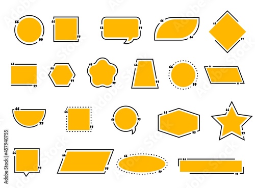 Quote bubble and boxes, chat message, comment and note quote frame icons. Vector borders and blank speech bubbles for remark, mention quotations and callout text inserting, isolated elements set