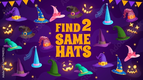 Find two same wizard and witch hats kids riddle. Vector maze game with Halloween magician caps for children educational activity. Cartoon boardgame worksheet with fairytale headwear and pumpkin faces