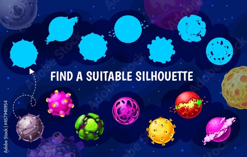 Galaxy space planets, find suitable silhouette, vector kids game or tabletop puzzle. Find and match silhouette, kids board game with fantasy galaxy space planets, cosmos asteroids and meteorites