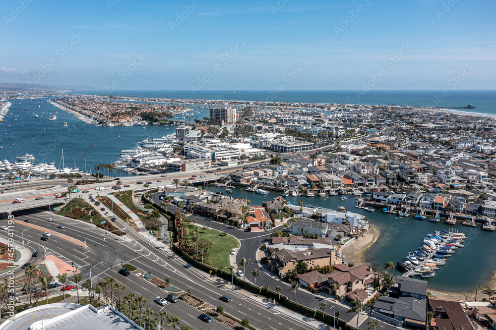 Aerial View of Newport Harbor and Pacific Coast Highway in California.