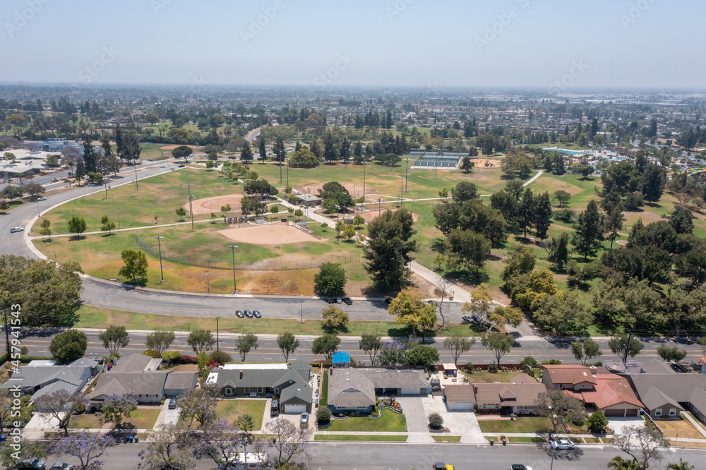 Aerial view of sports park in suburban California neighborhood.