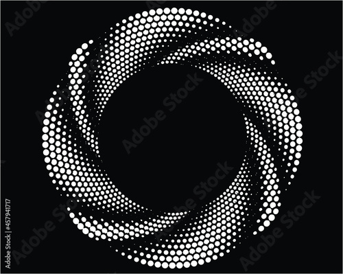  abstract black halftone dots.white halftone dots in vortex form. Geometric art. Trendy design element.Circular and radial lines volute, helix.Segmented circle with rotation