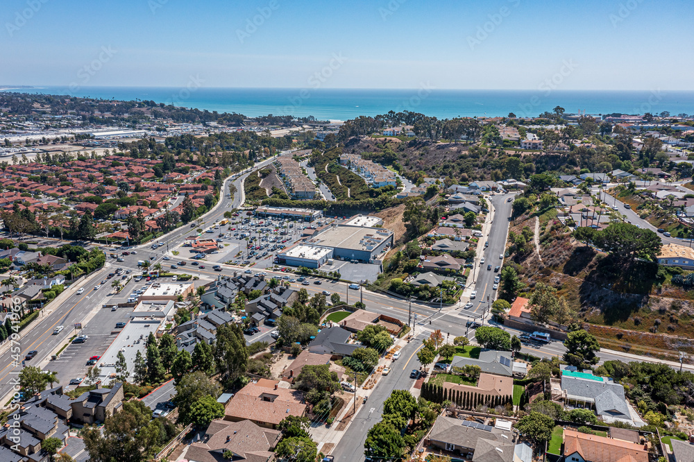 Shopping center aerial view. Southern California community near the ocean