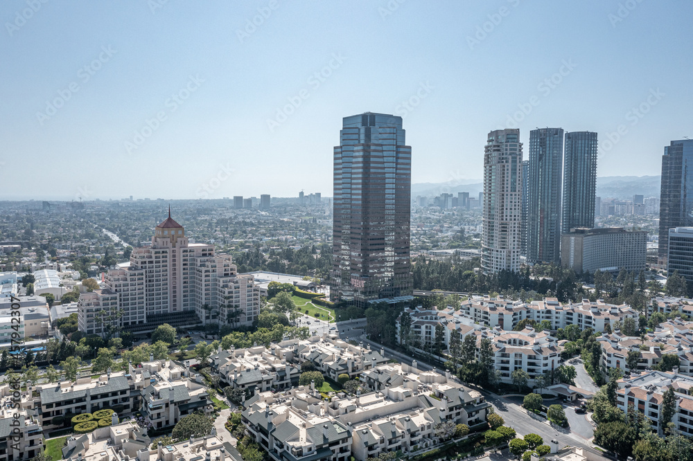 Century City skyline aerial drone view from above, Los Angeles skyscrapers, California, USA