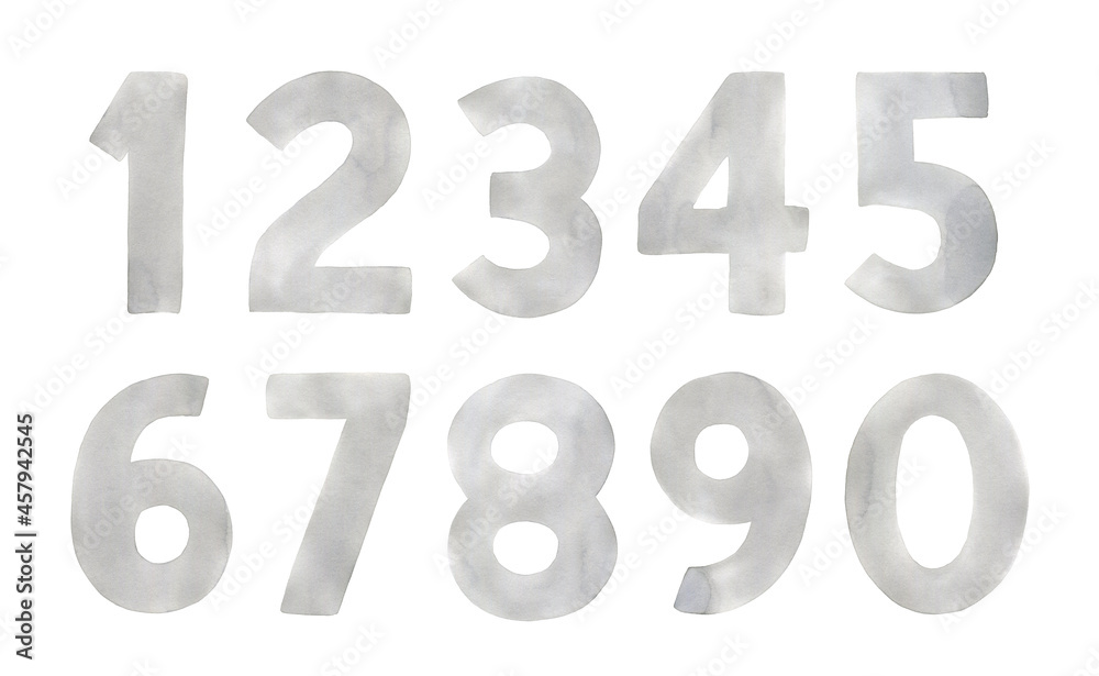 Watercolour illustration set of grey numbers with creative brush strokes and stains. Hand painted water color sketchy drawing on white background, isolated clip art elements for design decoration. Watercolour illustration set of grey numbers with creative brush strokes and stains. Hand painted water color sketchy drawing on white background, isolated clip art elements for design decoration.