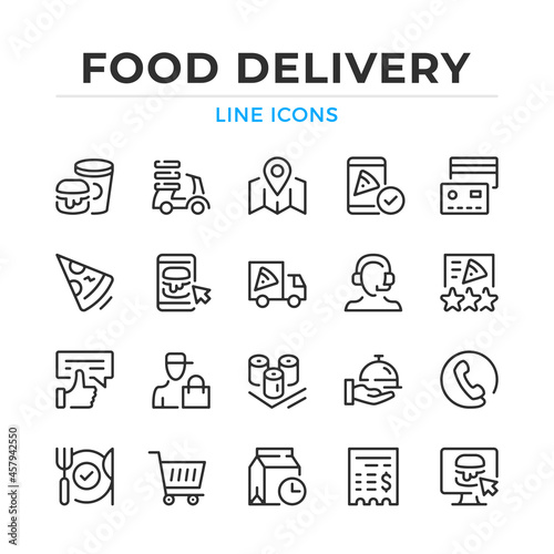 Food delivery line icons set. Modern outline elements, graphic design concepts, simple symbols collection. Vector line icons