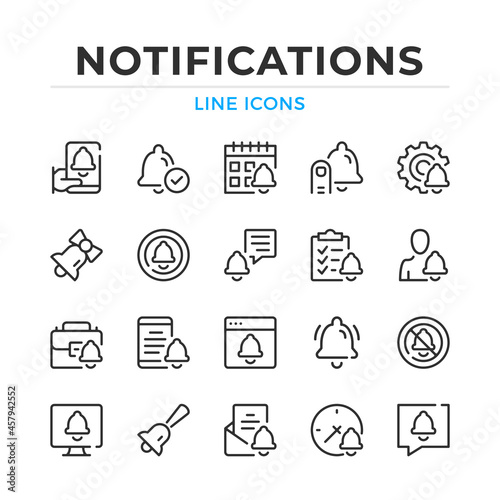 Notifications line icons set. Modern outline elements, graphic design concepts, simple symbols collection. Vector line icons