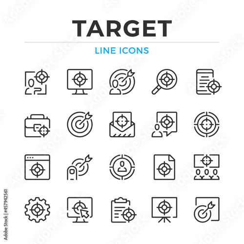 Target line icons set. Modern outline elements, graphic design concepts, simple symbols collection. Vector line icons