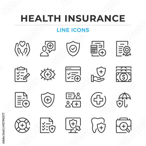 Health insurance line icons set. Modern outline elements, graphic design concepts, simple symbols collection. Vector line icons