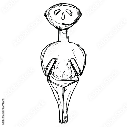 Female figurine of a fertility goddess from ancient Anatolia in Turkey. Great Mother of Asia Minor. Hand drawn linear doodle rough sketch. Black silhouette on white background.