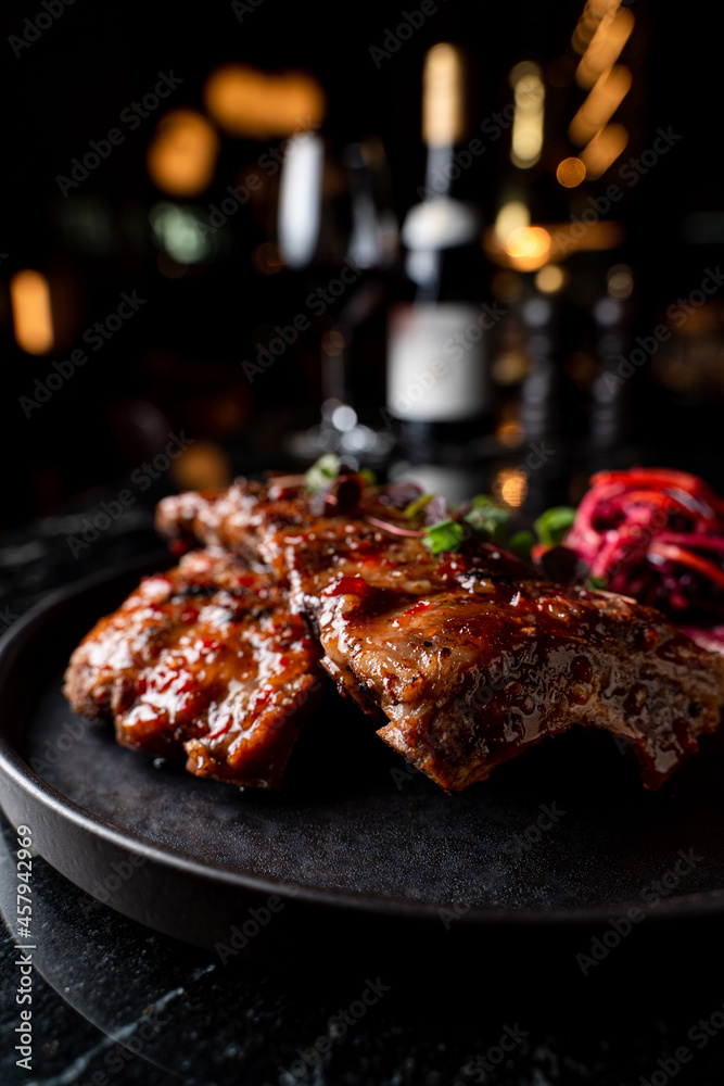 Menu photo of glazed toskana steak with, top view on marble background, texture visible