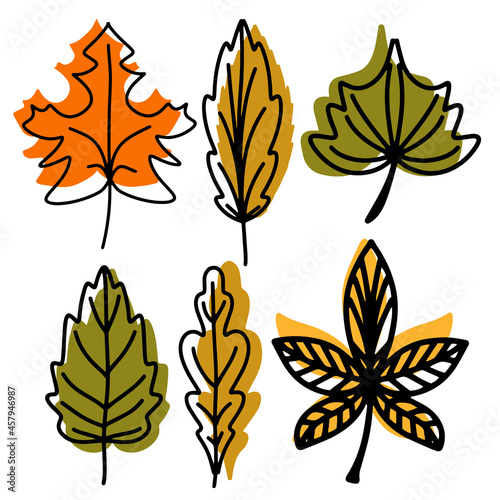 A collection of fallen autumn leaves of different shapes and colors. Autumn background, a poster with colorful leaves. Seasonal autumn elements for creating postcards, invitations. Cartoon flat style