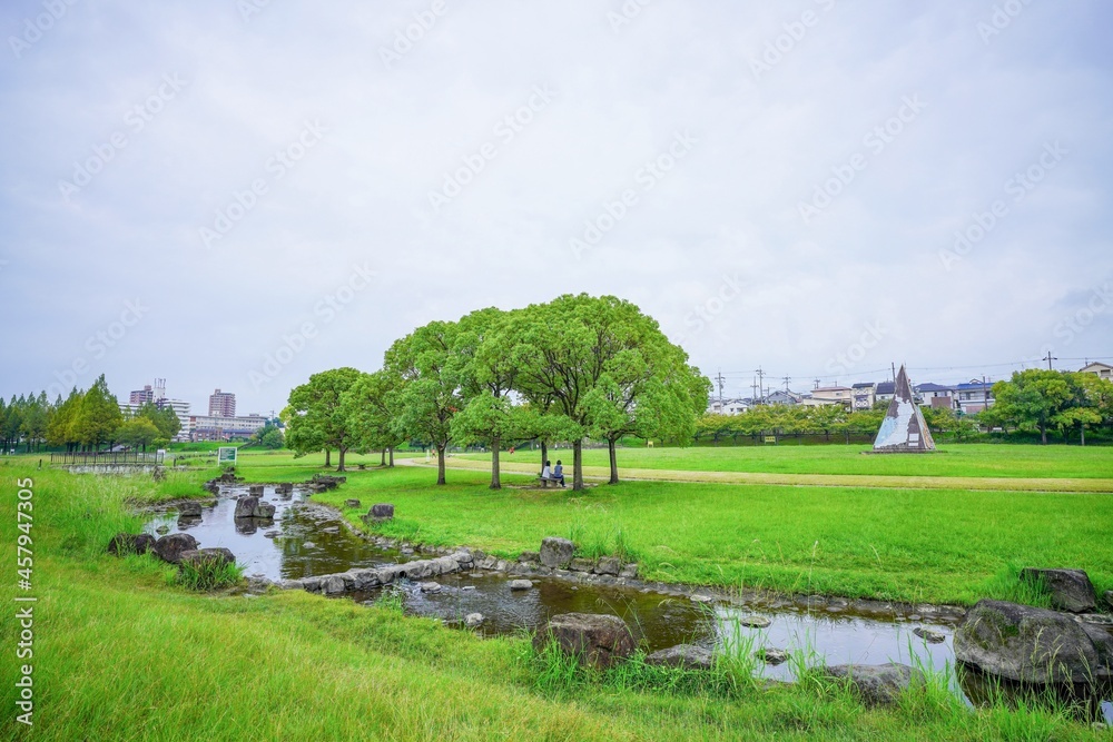 大きな芝生広場と小川がある公園の情景＠大阪