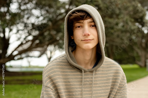 portrait of teenager boy on natural background. adolescence and youth concept. casual look 