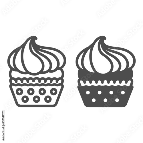 Cupcake with whipped cream buttercream frosting line and solid icon, pastry concept, muffin vector sign on white background, outline style icon for mobile concept and web design. Vector graphics.