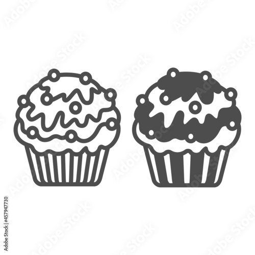 Cupcake with white and dark chocolate  sugar beads line and solid icon  pastry concept  muffin vector sign on white background  outline style icon for mobile concept and web design. Vector graphics.