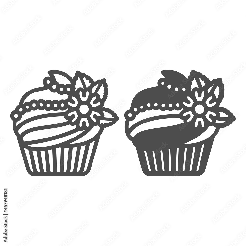 Cupcake with frosting, flower and sugar beads deco line and solid icon, pastry concept, muffin vector sign on white background, outline style icon for mobile concept and web design. Vector graphics. Cupcake with frosting, flower and sugar beads deco line and solid icon, pastry concept, muffin vector sign on white background, outline style icon for mobile concept and web design. Vector graphics.