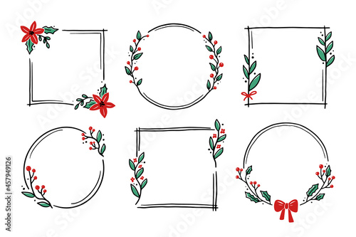 Chrirtmas floral frame with circle, round, rectangle shape. Doodle hand drawn style wreath frame. Vector illustration for christmas, wedding decoration.