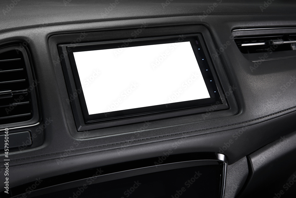 Car dashboard with blank multimedia lcd screen.