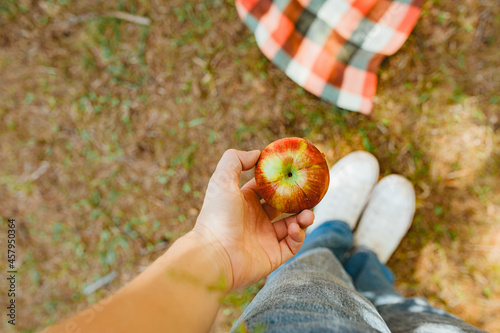 ripe homemade apple in human hand. autumn picnic in nature. apple harvest, reaping. selective focus