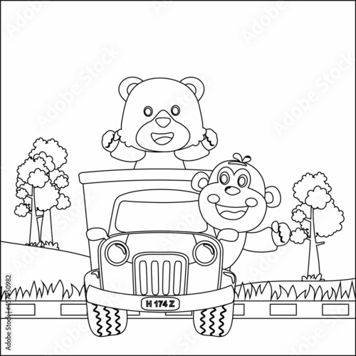 vector illustration of cute monkey and bear on a road trip truck, Creative vector Childish design for kids activity colouring book or page.