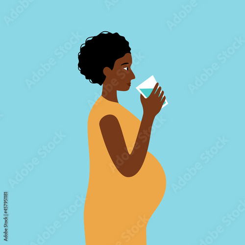 Pregnant African woman drinking a glass of water in flat design. Healthy pregnancy daily life.