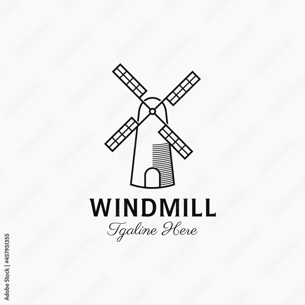 Illustration vector graphic of Windmill with simple line art style, Combination of Castle Tower with Propeller Turbine logo design.