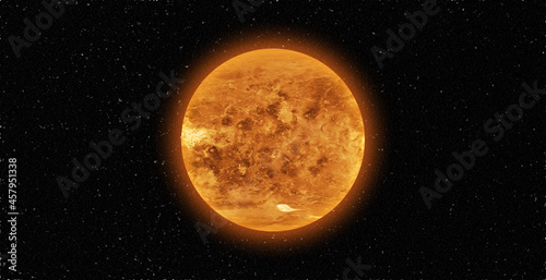 Venus surface. Venus in 360-degree rotation. Realistic 3D render of Venus and stars