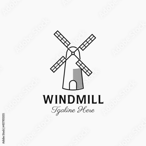 Illustration vector graphic of Windmill with simple line art style, Combination of Castle Tower with Propeller Turbine logo design.