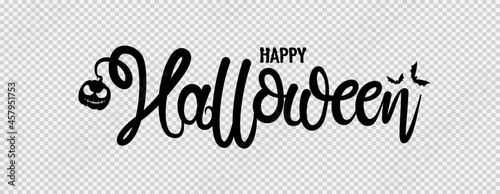 Happy halloween text banner with pumpkin,bats flying, spider, spider web,  isolated on png or transparent     background, font design , sale template ,website, poster,  vector  illustration