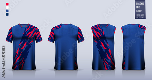 Blue T-shirt sport, Soccer jersey, football kit, basketball uniform, tank top, and running singlet mockup. Fabric pattern design. Vector.