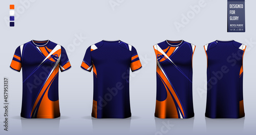 Blue T-shirt sport, Soccer jersey, football kit, basketball uniform, tank top, and running singlet mockup. Fabric pattern design. Vector.