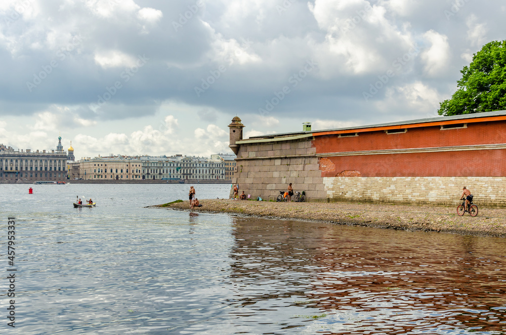 The old fortress wall of the Peter and Paul Fortress in St. Petersburg.
