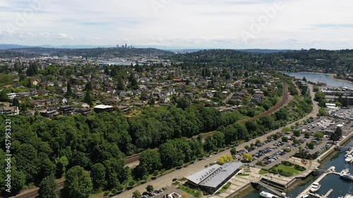 Cinematic 4K aerial panoramic drone footage of Sunset Hill, Loyal Heights, Adams, Lawtonwood, Ballard Bridge, Shilshole Bay Marina near Ballard, Seattle, by Puget Sound with sailboats and yachts photo