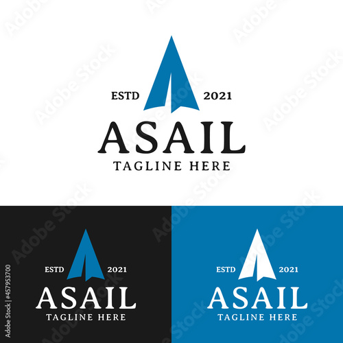 Letter Initial A Sail Logo Design Template. Suitable for Sail Boat Ship Surfing Yacht Shipyard Harbor Port Tourism Sport Business Company Brand in Modern Vintage Retro Style Logo Design.