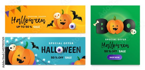 Happy Halloween set of cards. Inscription boo, skull , bone, bat and pumpkin in paper cut style. Halloween greeting banner. Halloween sale poster. Promotional offer for Halloween. 