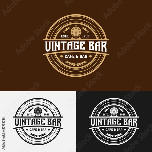 Vintage Bar Cafe Stamp Label Emblem Badge Logo Design Template. Suitable for Beer Whiskey Alchohol Rum Bar Cafe Brewery Pub Restaurant in Vintage Retro Hipster Style Logo Design.